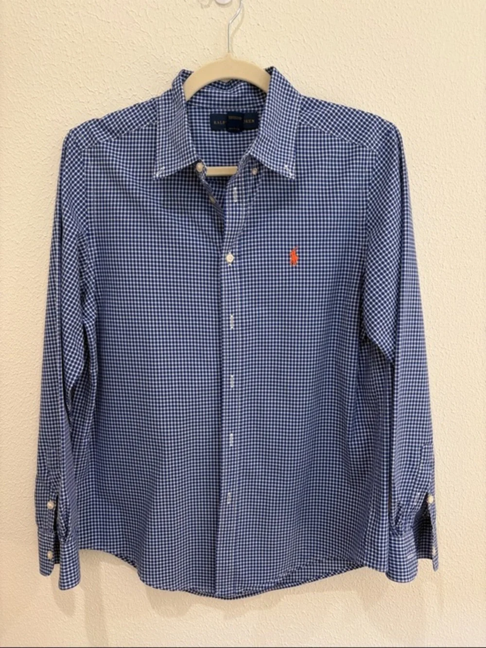 Ralph Lauren Boys Blue & White Gingham Button-Down Shirt with Orange Pony